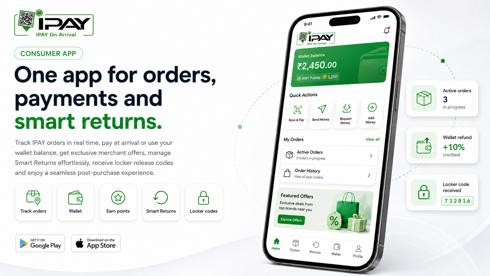 IPAY consumer app — wallet balance, active orders, locker codes and Smart Returns